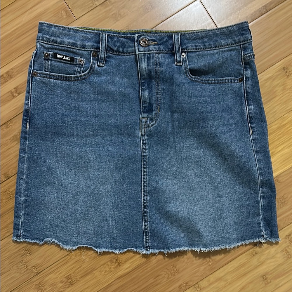 DKNY Frayed Hem Blue Denim Jean Mini Skirt